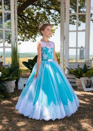 White Lace Turquoise Tulle Keyhole Corset Back Lovely Flower Girl Dress